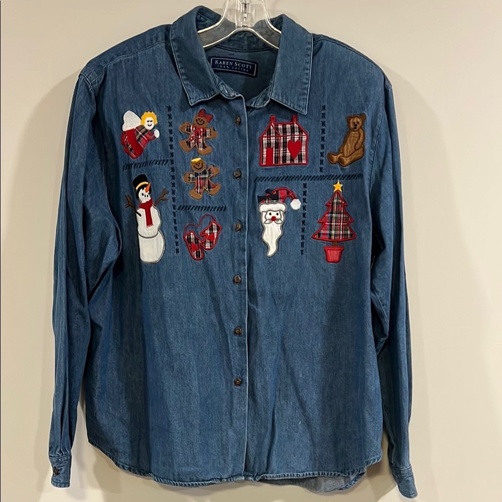 Karen Scott - 100% cotton, Blue Denim Shirt‎ with Festive Patches